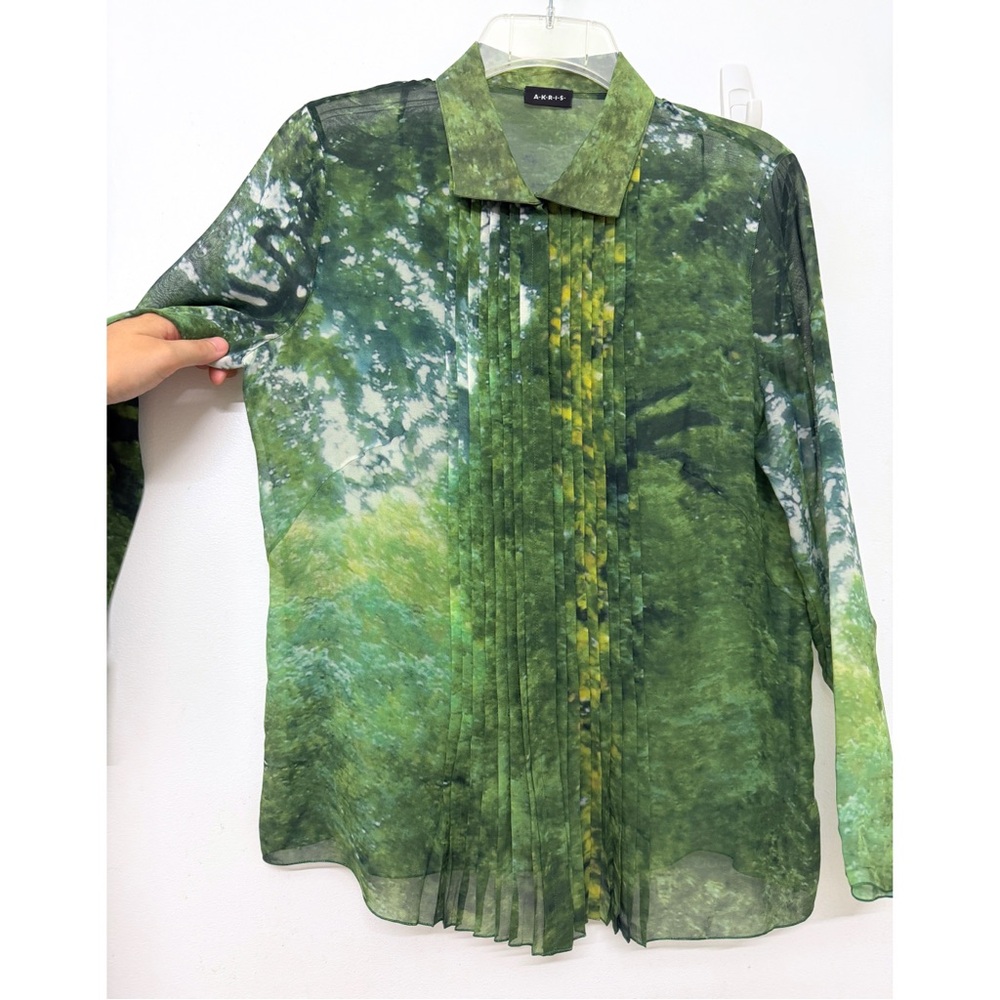 Akris Tree Forest Print Silk Chiffon Blouse Top Pleated Green Foliage Floral 8 - Picture 6 of 16